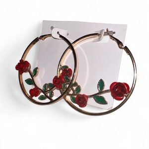 Gold Hoop Earrings with Red Rose Enamel Accent